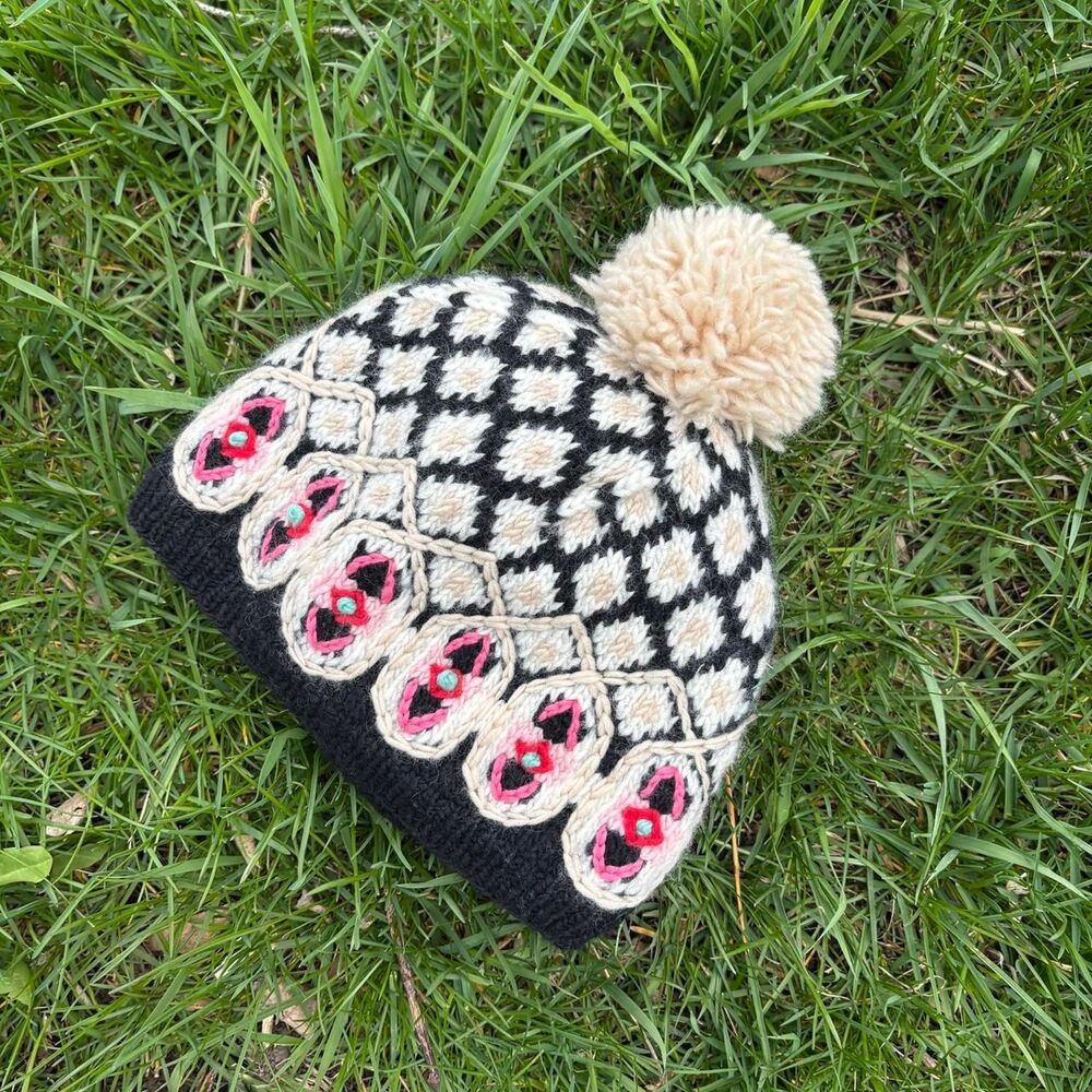 French Knot Black Cream Pink Wool Fleece Lined Pom Pom Beanie Hat